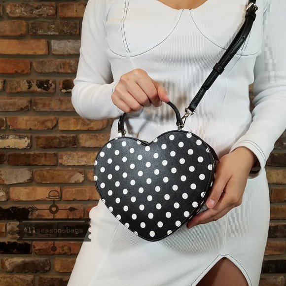 Authentic Kate Spade Heart LOVE SHACK POLKA dot crossbody BLACK WHITE NEW - Picture 10 of 13
